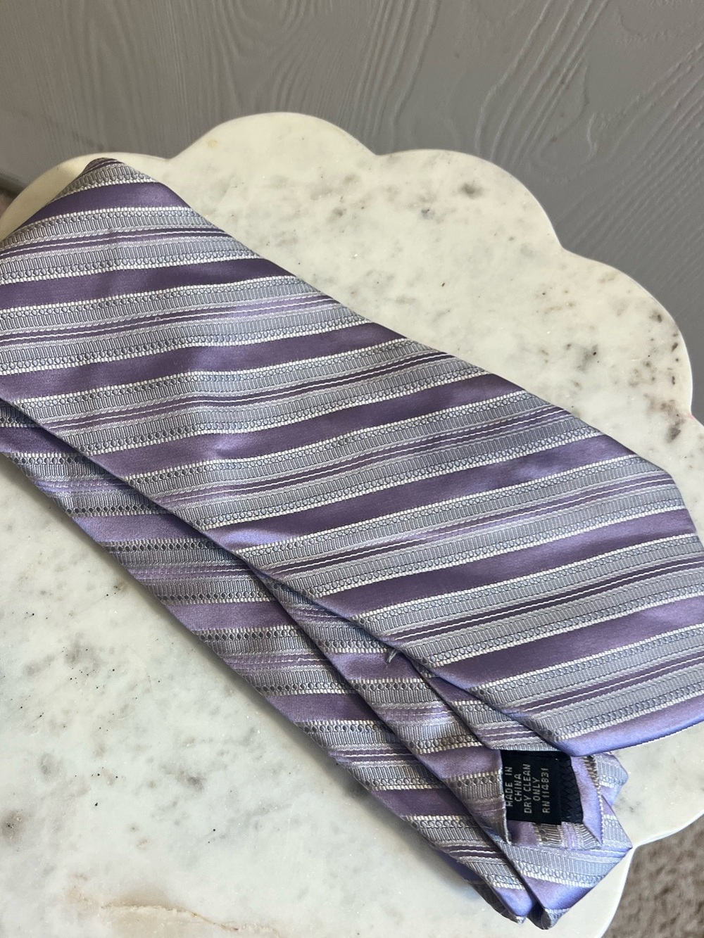 Lilac and Silver Striped 100% Silk Tie